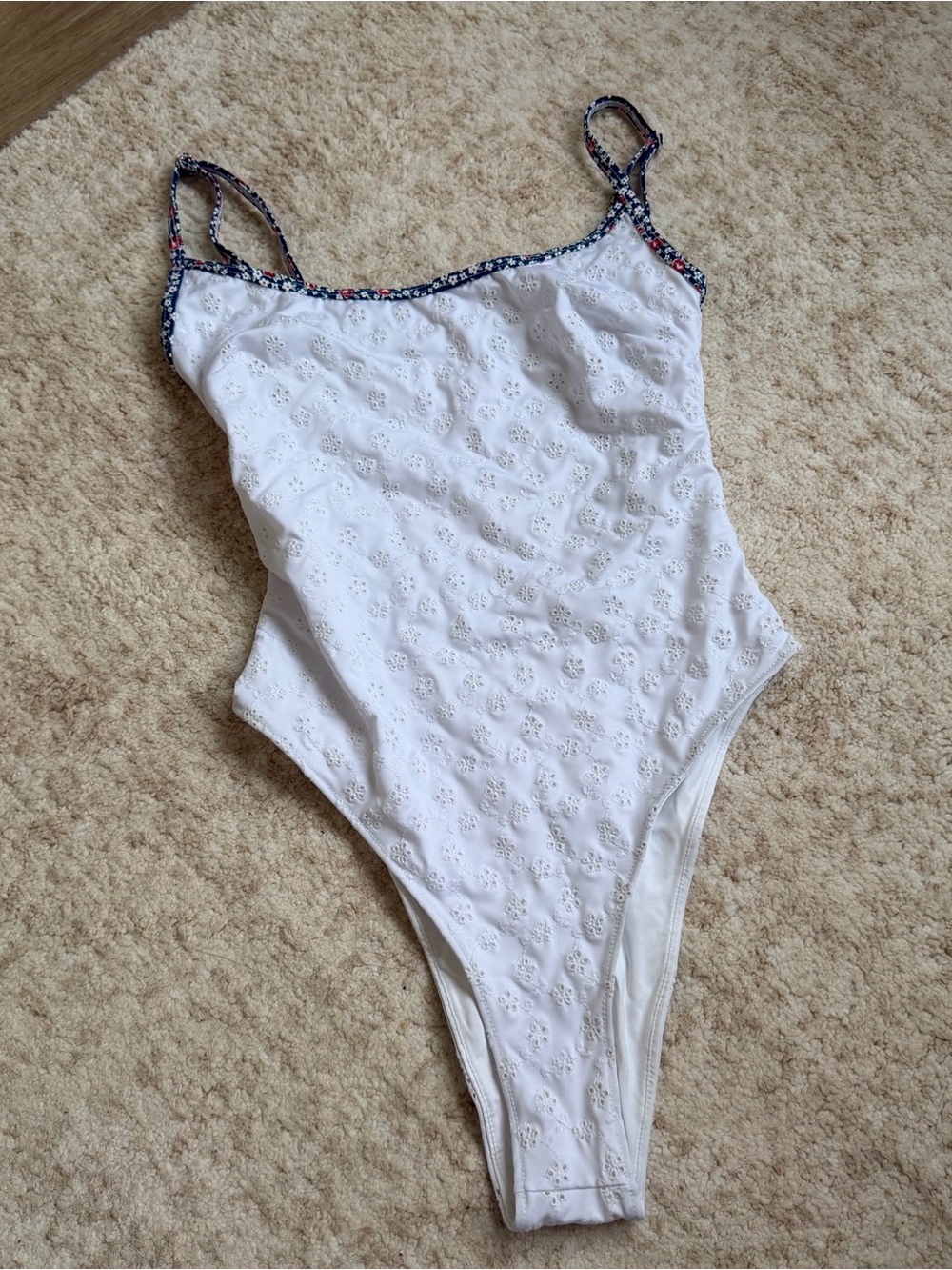 Frankie's Bikinis Juliet Cheeky One Piece Swimsuit with Navy Floral Trim (Small)
